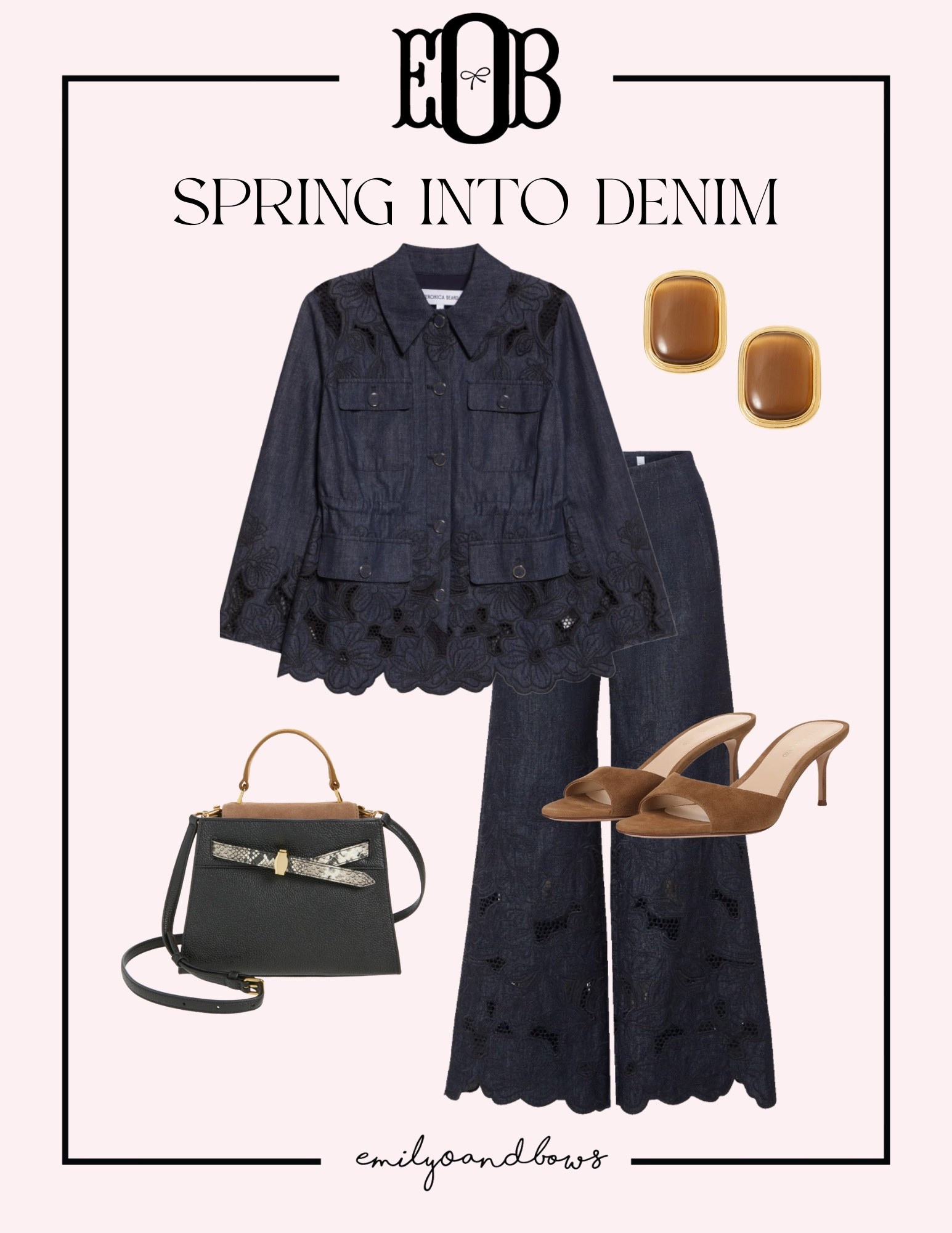 Spring into denim! This set is a lovely transition piece from winter into spring for any event you may have coming up!