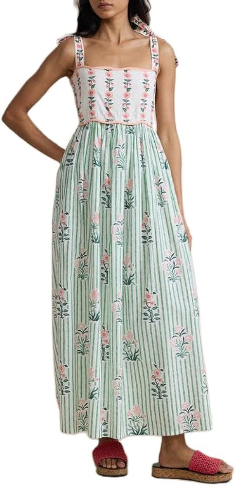 Women Y2k Boho Floral Maxi Dress Spaghetti Strap Loose Long Dress Flowy Smocked Beach Sundress | Amazon (US)