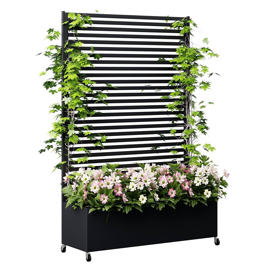 Metal Planter Box with Trellis Privacy Screen, Raised Garden Bed with Trellis & Wheels, Privacy P... | Amazon (US)
