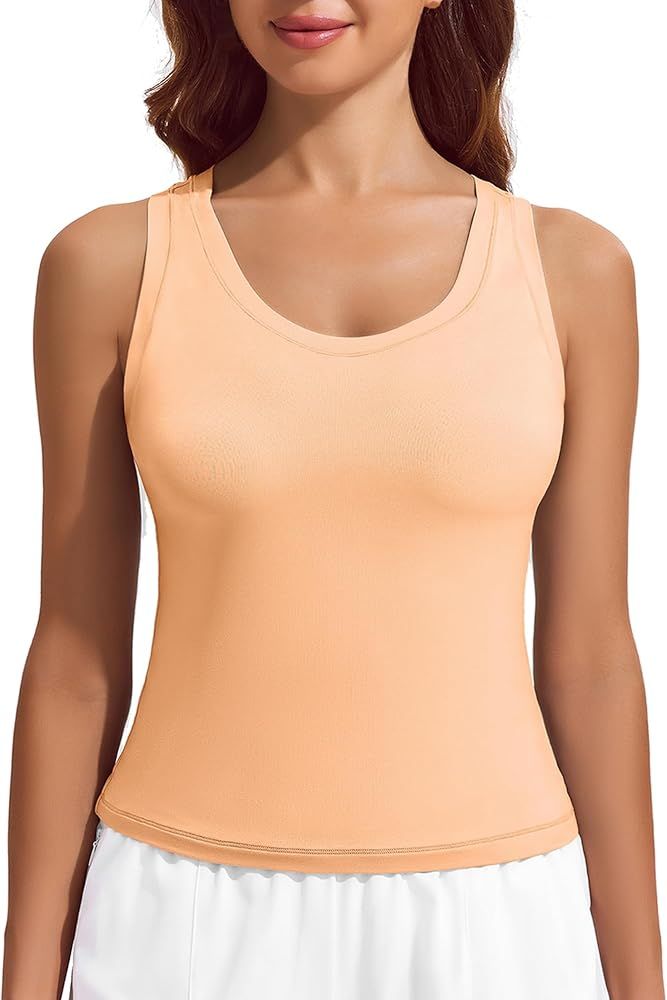 PINSPARK Workout Tops for Women Double Lined Athletic Shirts Scoop Neck Racerback Gym Tanks Sleev... | Amazon (US)