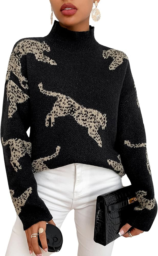 WDIRARA Women's Leopard Tiger Print Sweater High Neck Long Sleeve Fuzzy Knitted Pullover Top | Amazon (US)