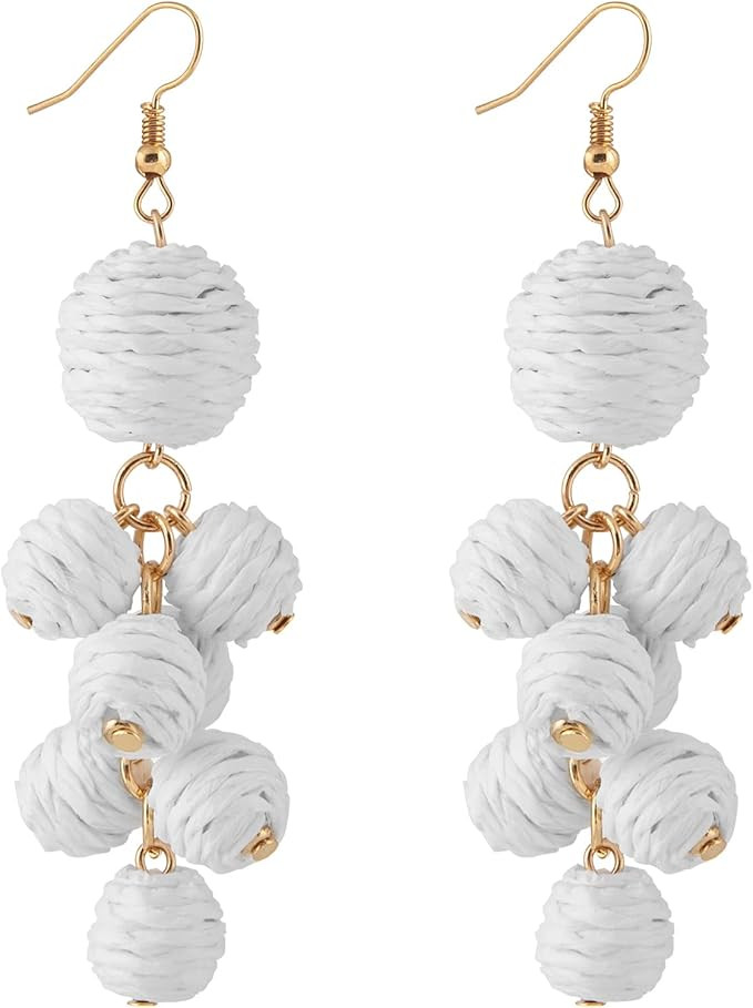 Boho Raffia Thread Balls Earrings - Statement Straw Balls Dangle Earrings, Long Drop Earrings for... | Amazon (US)