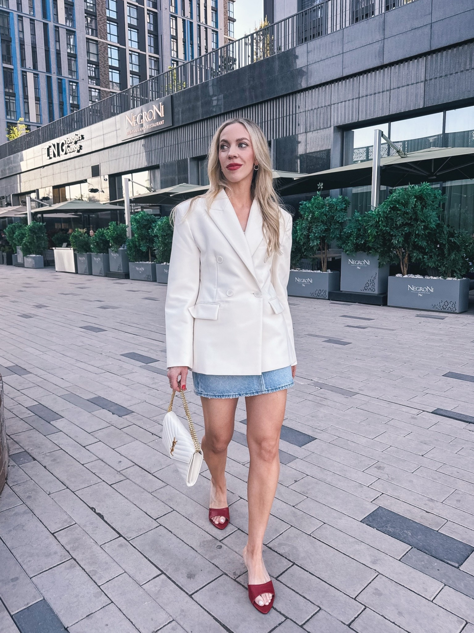 Date night outfit, Mango cream blazer, @levi denim mini skirt, red peep toe mules, summer date night

#LTKSeasonal #LTKOver40 #LTKSaleAlert