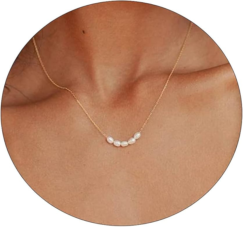 CAROVO Dainty Pearl Pendant Necklaces for Women 14k Gold Plated Barque Pearl Chain Necklace Delic... | Amazon (US)