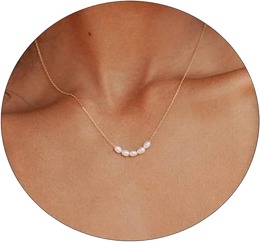 CAROVO Dainty Pearl Pendant Necklaces for Women 14k Gold Plated Barque Pearl Chain Necklace Delic... | Amazon (US)