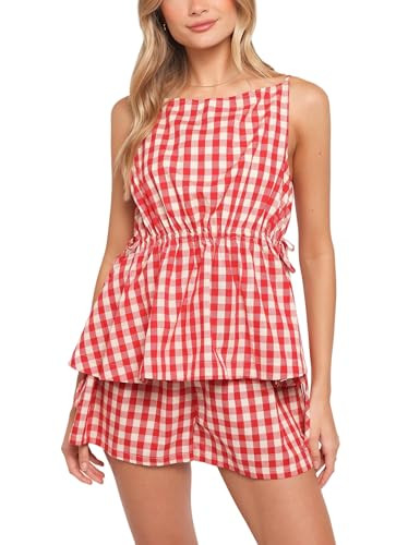 Women's Gingham Pajamas Set 2 Piece Cotton Pj Lounge Sets Sleeveless Shirt Shorts Summer Plaid Tw... | Amazon (US)