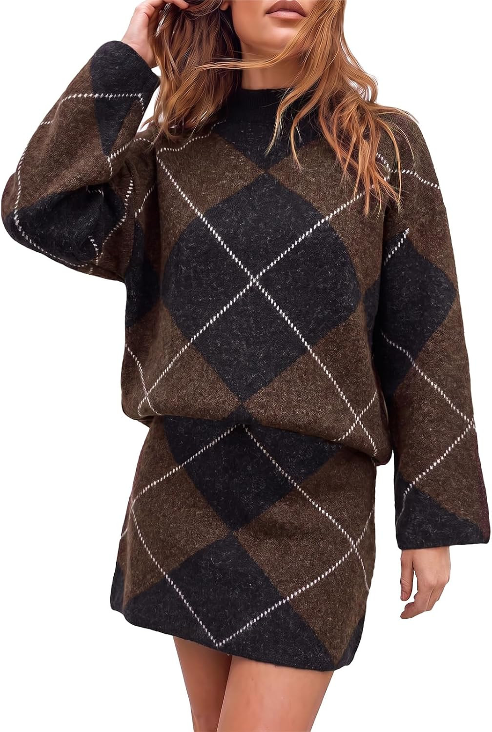 Cicy Bell Women Argyle Sweater Skirt Sets 2 Piece Outfits Plaid Knit Skirts | Amazon (US)