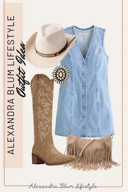 Denim dress from Abercrombie is the perfect spring and summer country concert outfit! Cute western style outfit! Knee high cowgirl boots, crossbody fringe purse, western style bracelet, and cowgirl western hat! 

#LTKSeasonal #LTKshoecrush #LTKfindsunder100