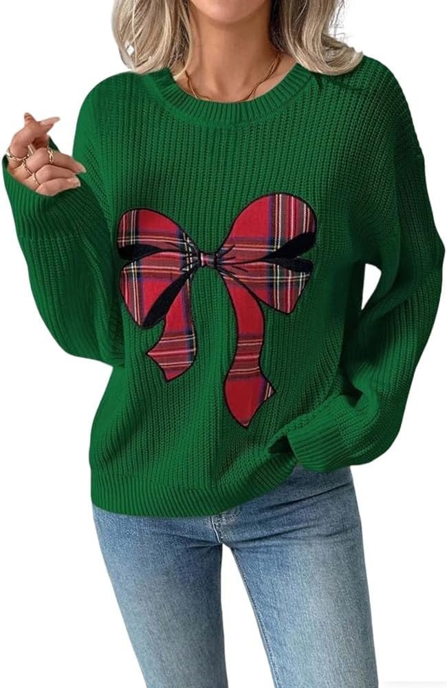 CHICWISH Women Christmas Tartan Bow Knit Sweater Crewneck Long Sleeve Casual Holiday Party Ribbed... | Amazon (US)