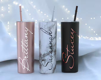 Personalized Bridesmaid tumbler custom cups with straws insulated black, marble, rose gold weddin... | Etsy (US)