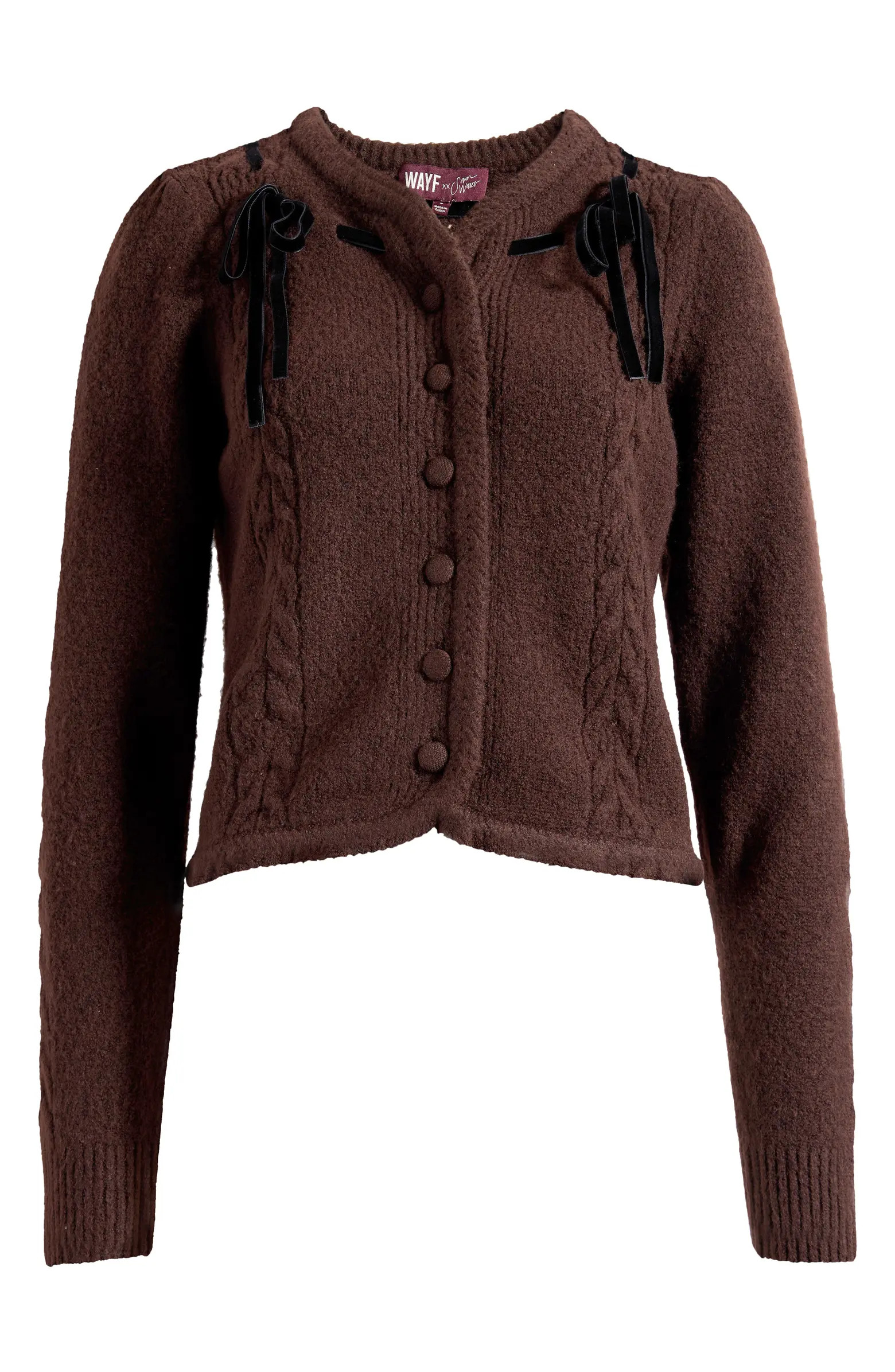 x Sara Walker Jackie Velvet Bow Cable Stitch Cardigan | Nordstrom