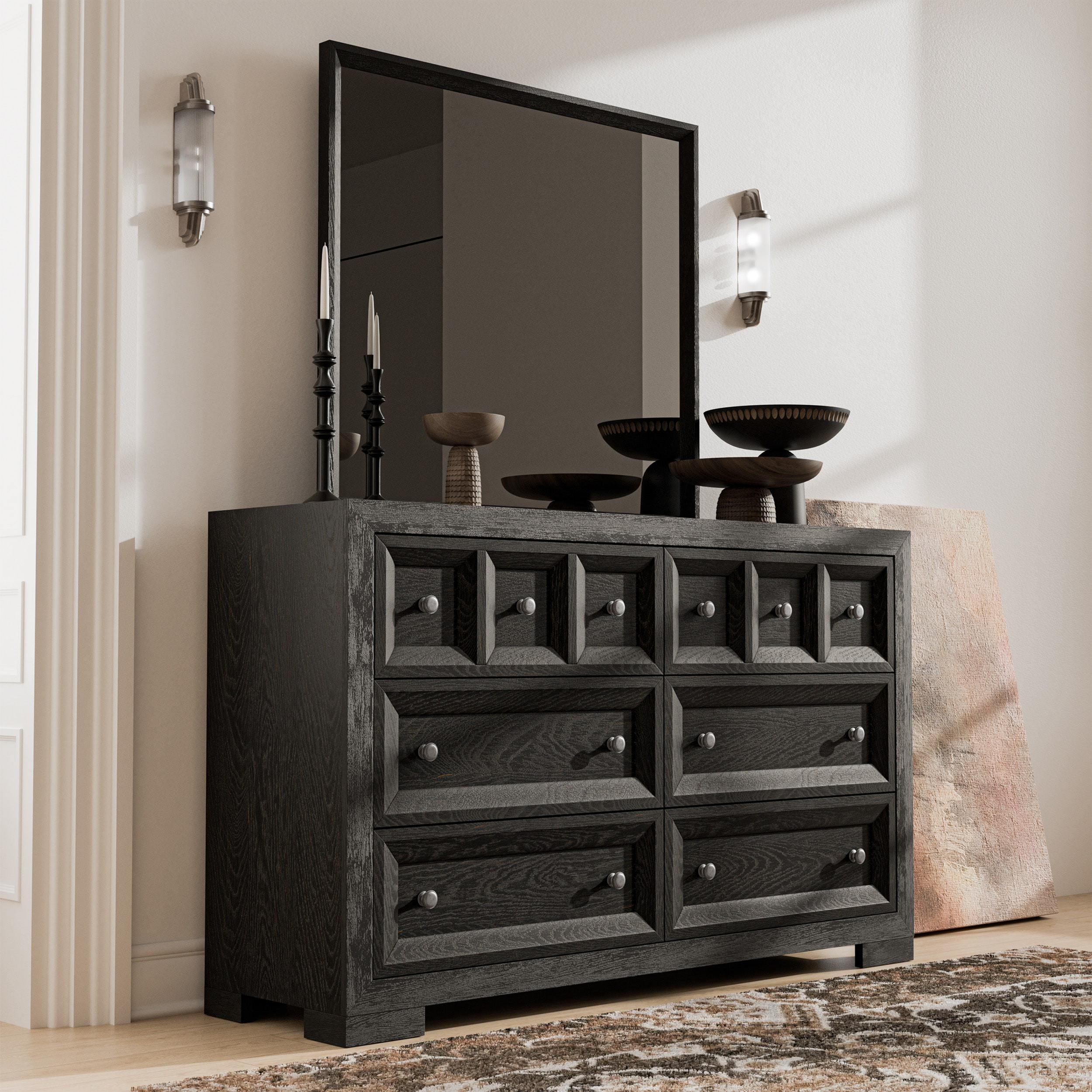 Furniture of America Flonnin Weathered Black Rubberwood 6 -Drawer 62-in W Standard dresser With Mirror one_size | IDF-79011BK-DM | Lowe's