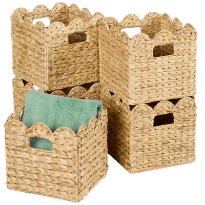 Scalloped 12 X 12In Hyacinth Storage Basket Set Of 5 - Natural With White Trim | Wayfair North America