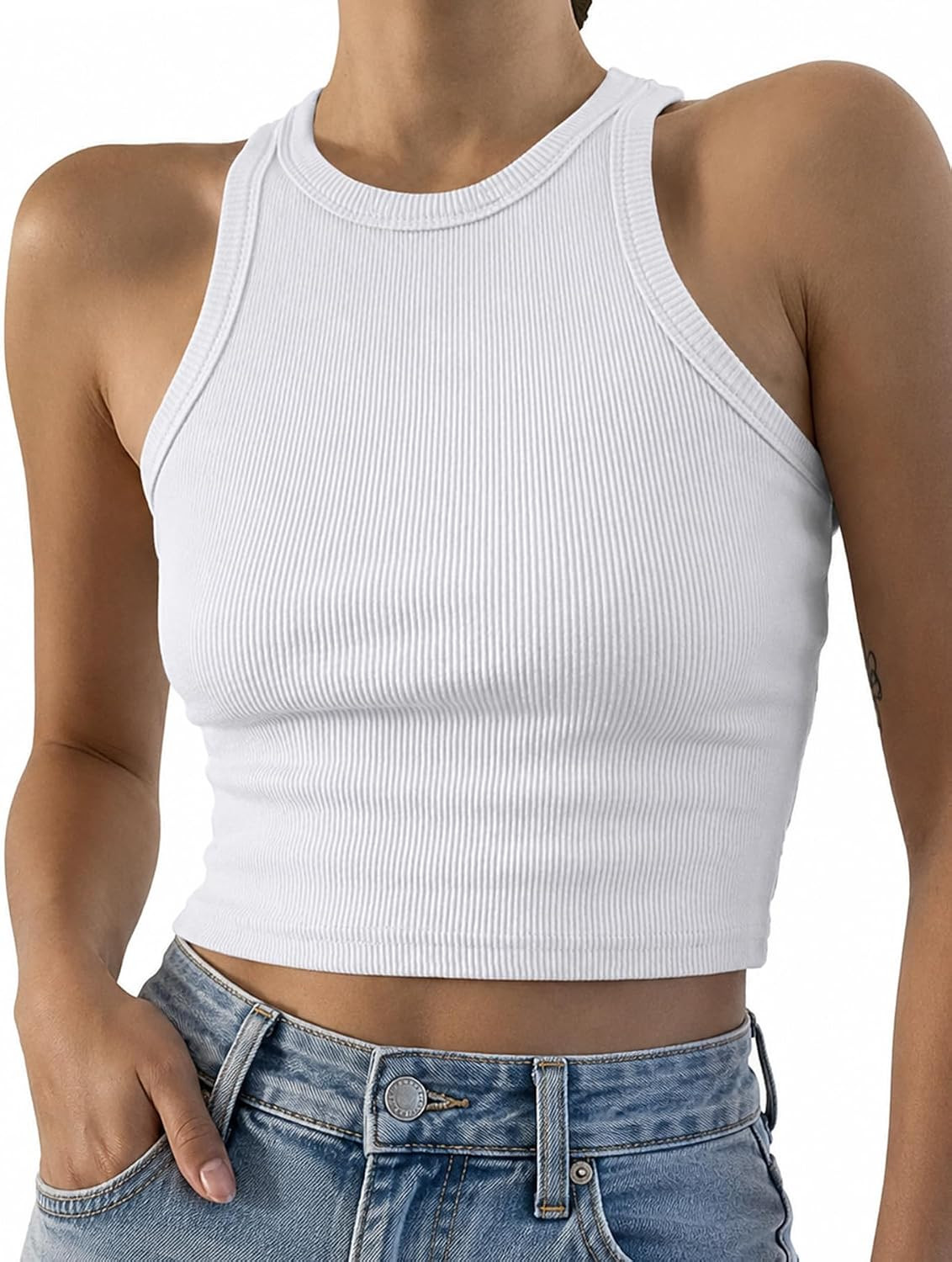 95% Cotton Cropped Tank Tops Women’s Sexy Sleeveless High Neck Halter Ribbed Knit Tank Top | Amazon (US)