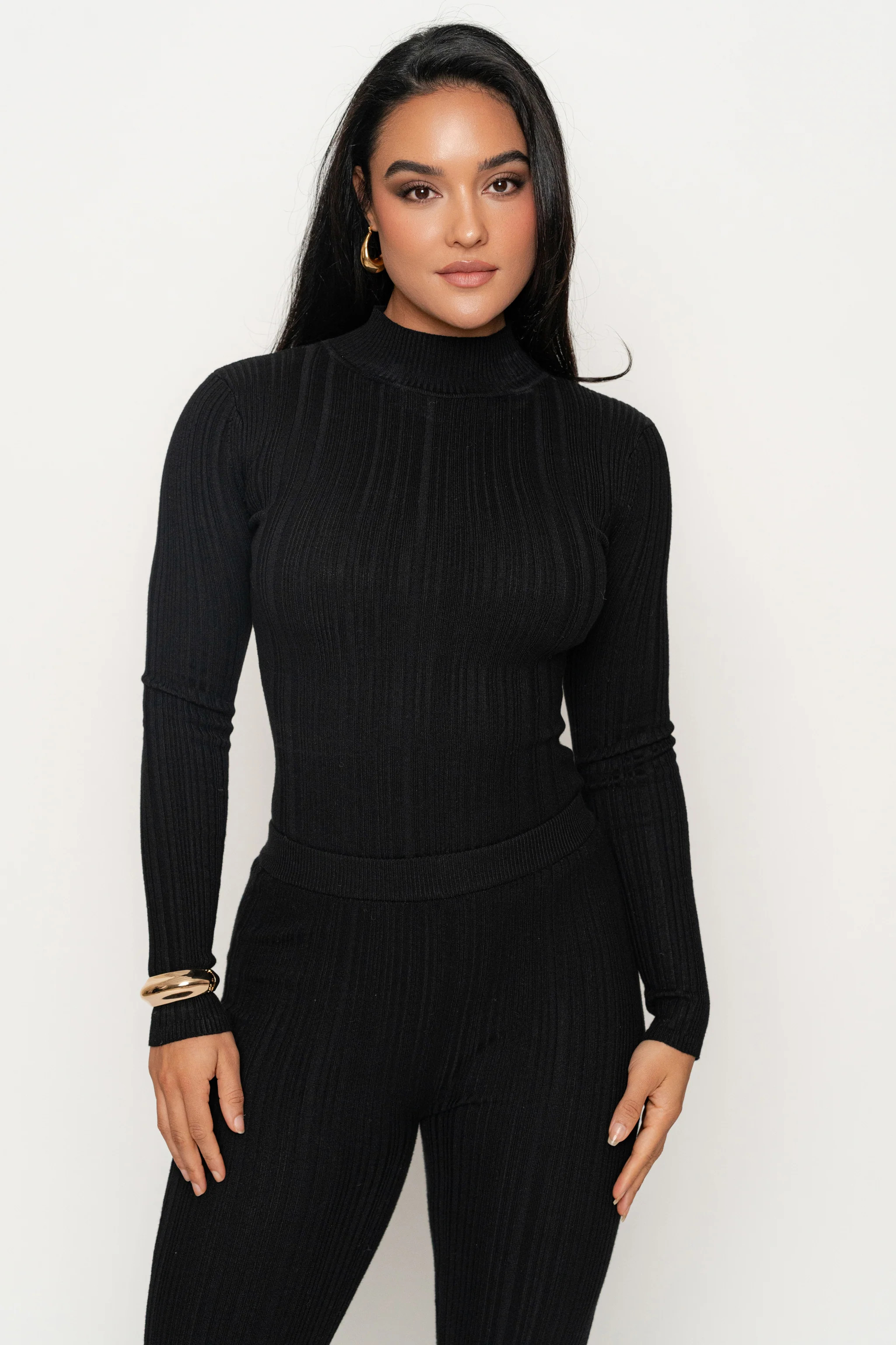 Black Ribbed Mock Neck Top | JLUXLABEL