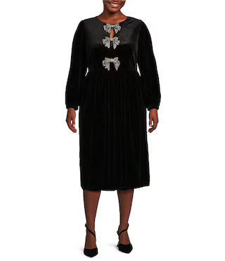 Sugarlips Plus Long Sleeve Rhinestone Bow Velvet Midi Dress | Dillard's | Dillard's