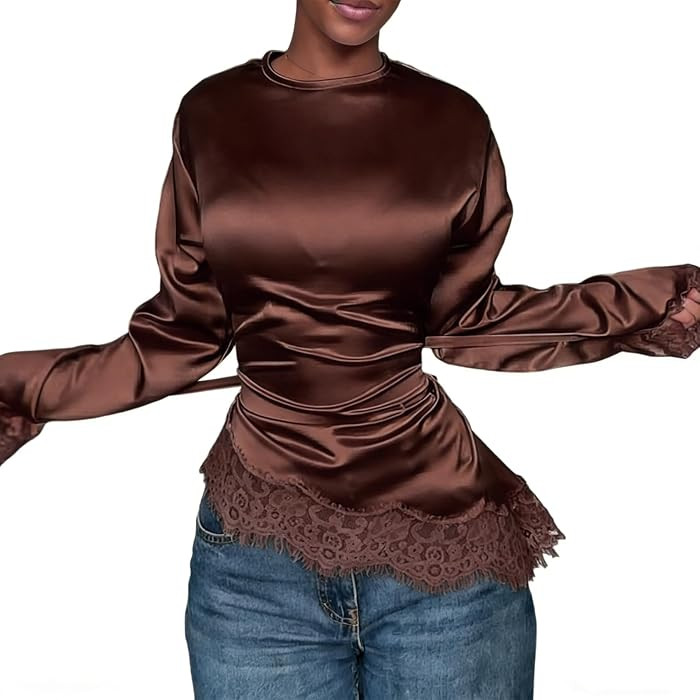 Women's Satin Lace Trim Blouse O-Neck Long Sleeve Asymmetrical Top with Belt | Amazon (US)