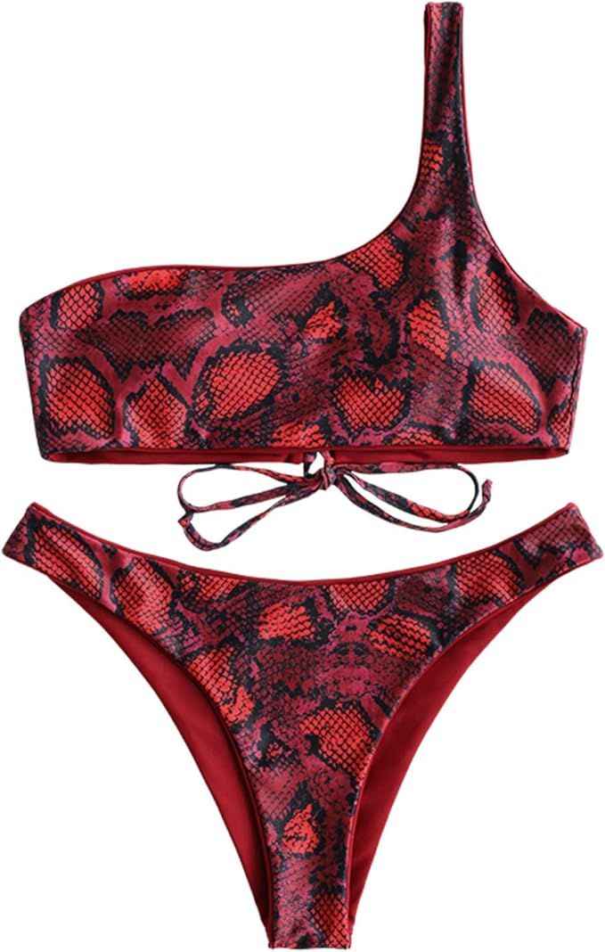 ZAFUL Women's Snakeskin Bikini Set Padded Back Lace-up Two Piece Swimsuit Bathing Suits | Amazon (US)