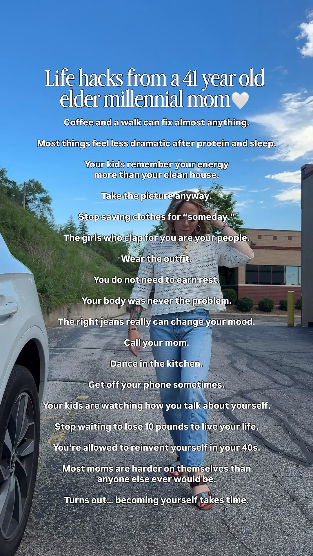 41 has taught me a few things 🤍

Wear the outfit.
Take the picture.
Dance in the kitchen.
Go on the walk.
Stop waiting until you lose weight, get caught up, or feel “good enough” to enjoy your life.

Your kids won’t remember a perfect house.
They’ll remember your energy.
The music playing in the car.
The way you showed up for them.
The way you laughed.

And honestly?
Most things really do feel less dramatic after protein, sleep, and a cute pair of jeans 😂

If you’re an elder millennial mom just trying to enjoy this season a little more… you’re in the right place 🤍

Follow along for relatable mom life, cute outfits, and elder millennial chaos ✨

#LTKmomlife #LTKstorytime #LTKootd