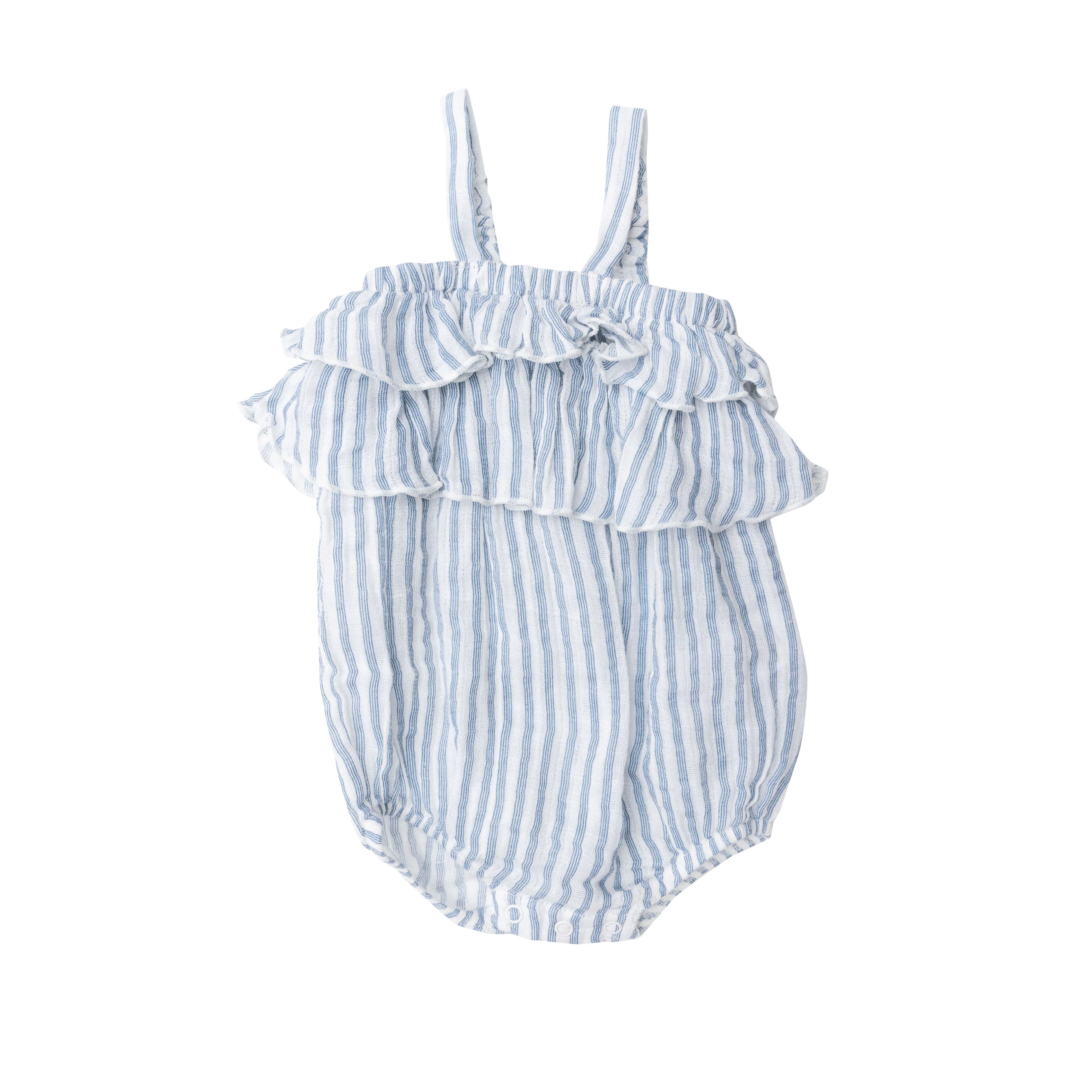 Ruffle Bubble Sunsuit, Nautical Ticking Stripe | SpearmintLOVE