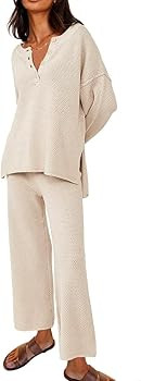 Ekouaer Pajamas Set Women Long Sleeve 2 Piece Outfits Knit Sweater Slouchy Button Sleepwear Sets ... | Amazon (US)