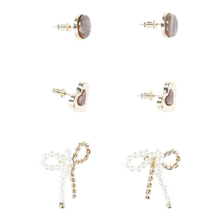 Time and Tru Women's Trio Heart and Bow Earring Set, 3 Pair, Brown Stone Circle Stud, Heart textu... | Walmart (US)