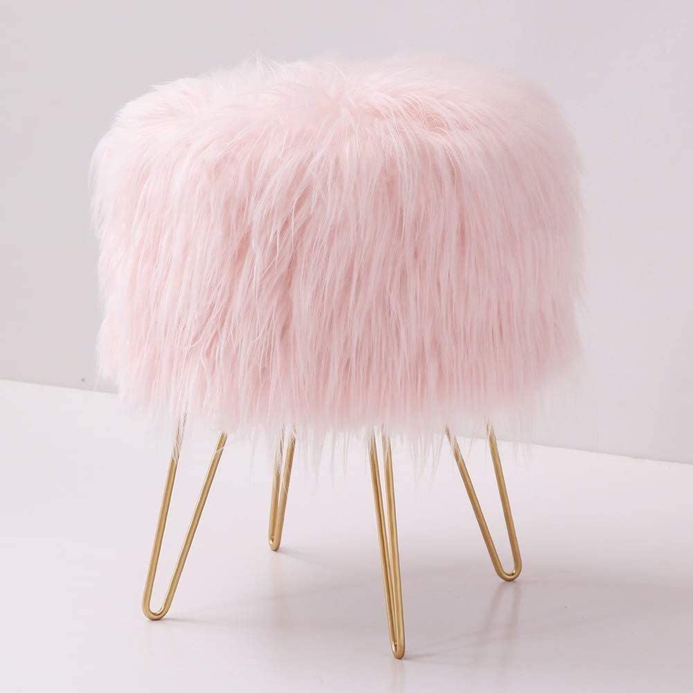 Mxfurhawa Ottoman Faux Fur Vanity Stool with Golden Leg for Living Room, Pink - Walmart.com | Walmart (US)