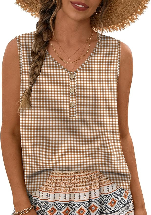 Womens Linen V Neck Tank Top Sleeveless Cute Summer Tops for Women 2026 Beach Vacation Outfits | Amazon (US)