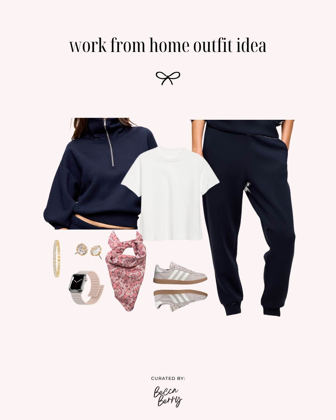 Thursday’s dress code: elevated sweats. 💙

I’m wearing the Old Navy Bounce Fleece Half-Zip Pullover + High-Waisted Bounce Fleece Joggers in In The Navy with a white heavyweight crew-neck tee underneath.

The matching navy pieces keep the outfit cohesive, while the white tee and blush pink Amazon bandana add enough contrast to make a sweatsuit feel intentionally styled.

Kate Spade studs, a tennis bracelet, Apple Watch, and adidas sneakers finish this comfortable midsize WFH outfit.

Proof that your work-from-home wardrobe can absolutely include sweatpants.

Save this for your next cozy workday.

#LTKootd #LTKMidsize #LTKWorkwear