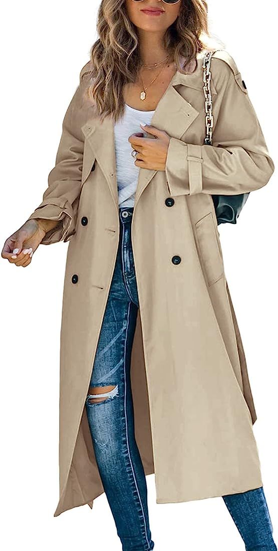 Makkrom Women's Double Breasted Long Trench Coat Windproof Classic Lapel Slim Overcoat with Belt | Amazon (US)