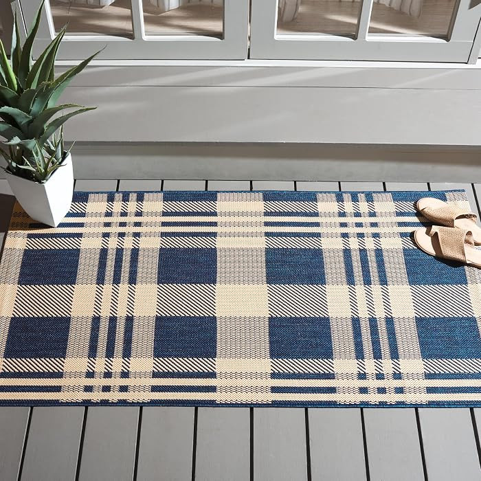 SAFAVIEH Washable Rug Outdoor Courtyard Collection - 2'7" x 5', Navy & Beige, Plaid Pattern, Non-... | Amazon (US)
