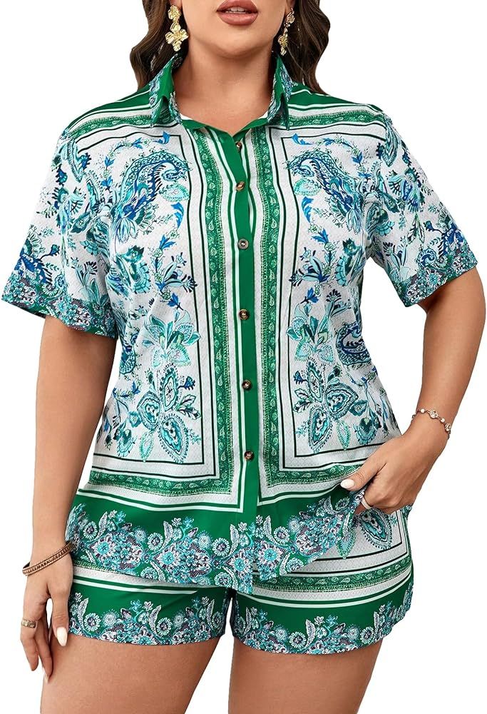 WDIRARA Women's Plus Size 2 Piece Outfit Paisley Print Button Front Short Sleeve Shirt and Shorts... | Amazon (US)
