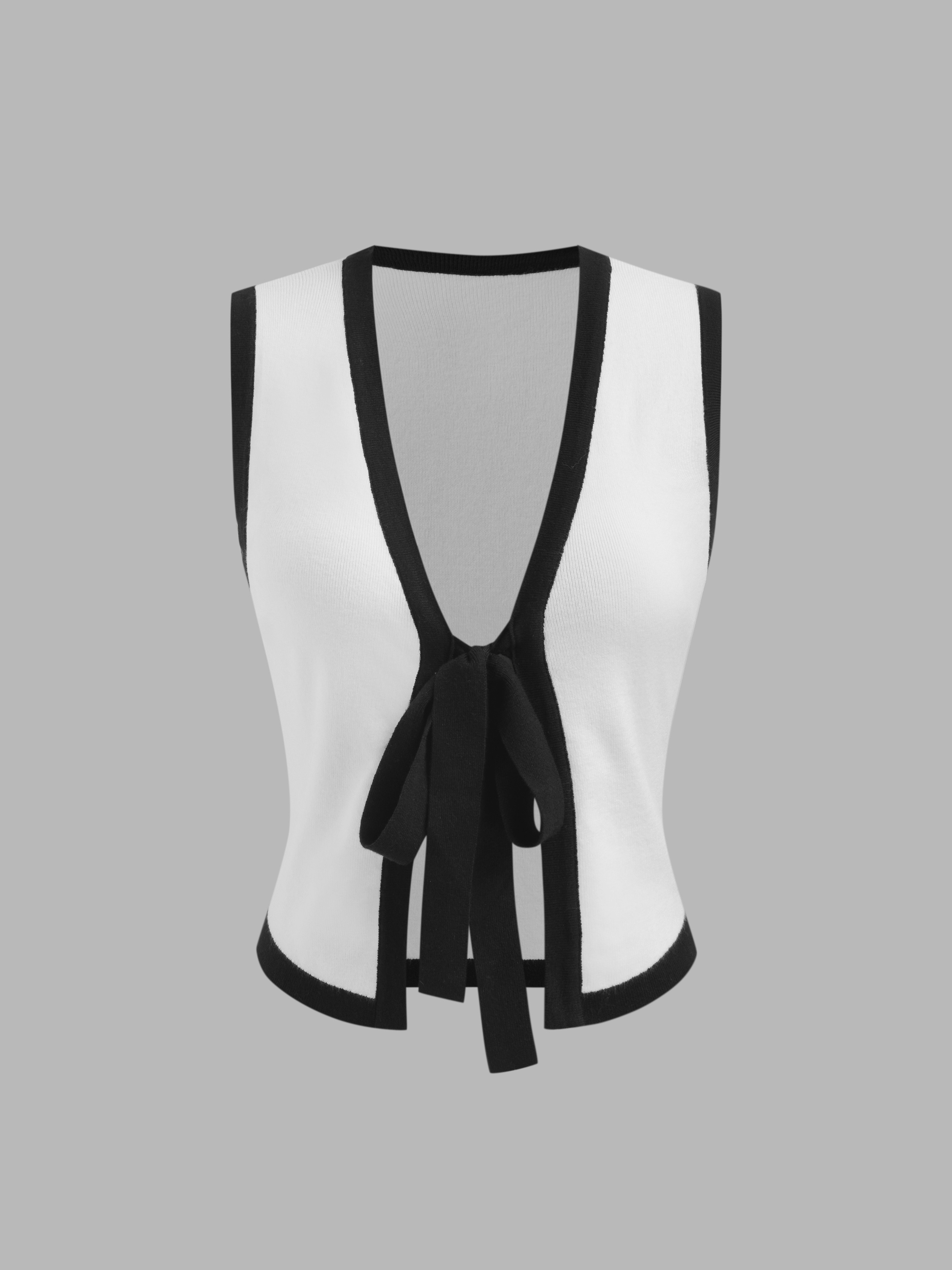 Knit Fabric Knit V-neck Contrasting Binding Knotted Crop Vest For Daily Casual | Cider