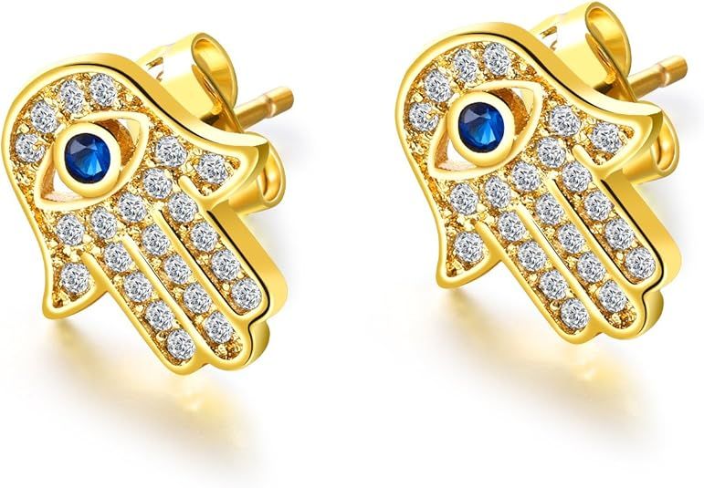 Yellow Gold/White Gold Plated Evil Eye and Hamsa Hand of Fatima White Blue Cubic zircon crystal S... | Amazon (US)
