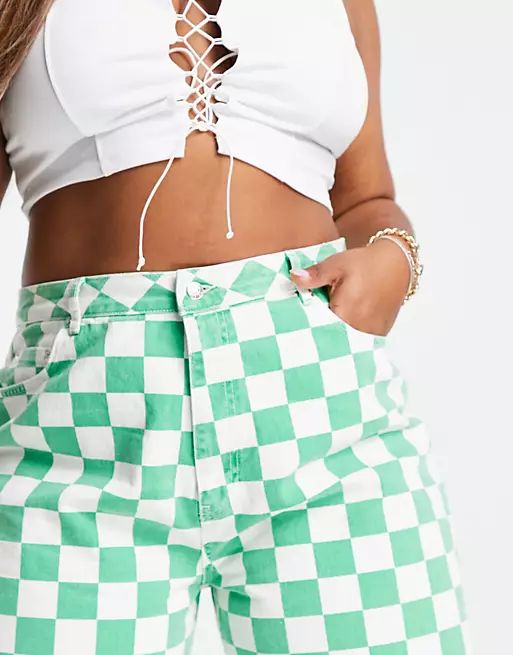 ASOS DESIGN Curve high rise 'slouchy' mom jeans in green check | ASOS (Global)