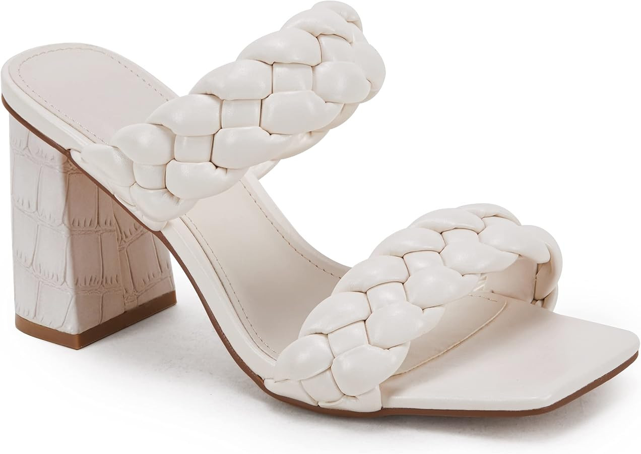Syktkmx Womens Braided Heels Sandals Chunky Block Heel Double Strap Summer Dressy Sandal | Amazon (US)