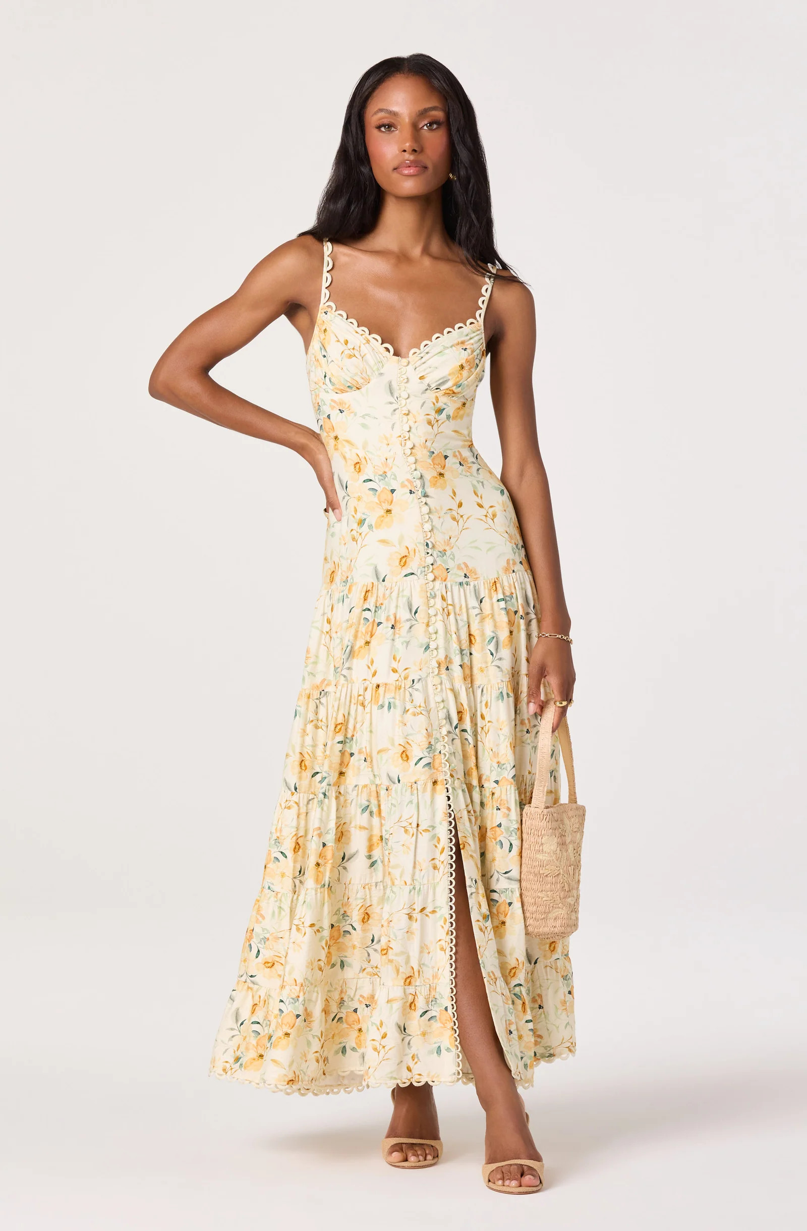 Tazia Scalloped Sweetheart Maxi Dress - Yellow cream floral / M | ASTR The Label (US)