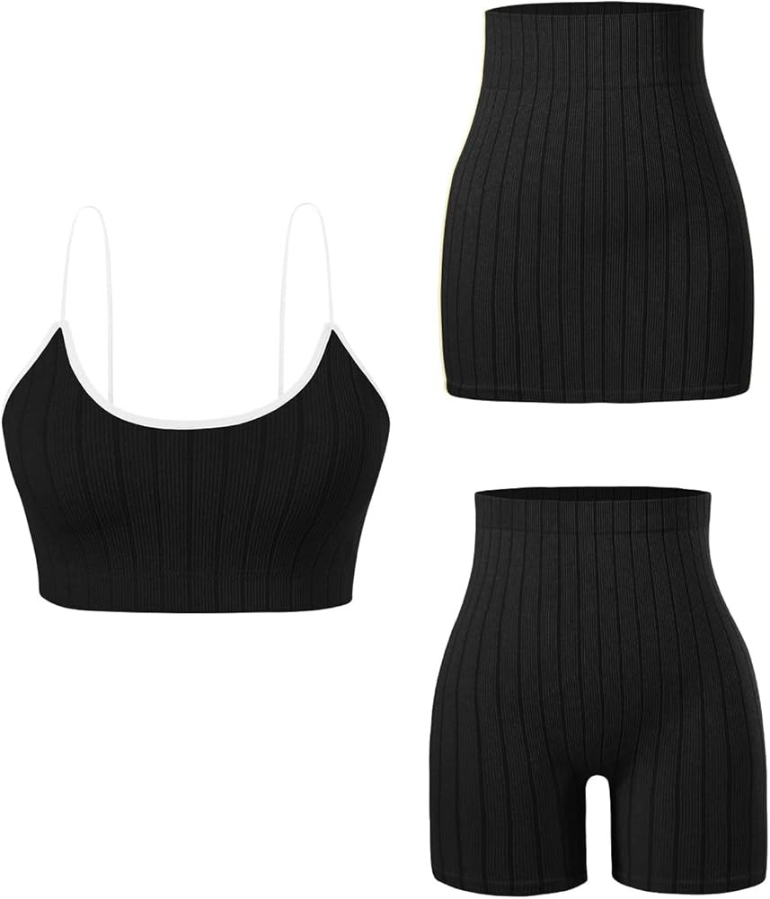 LISSMOMO Womens 3 Piece Summer Outfits Ribbed Tank Top High Waist Skirt Shorts Set Casual Tracksuits | Amazon (US)