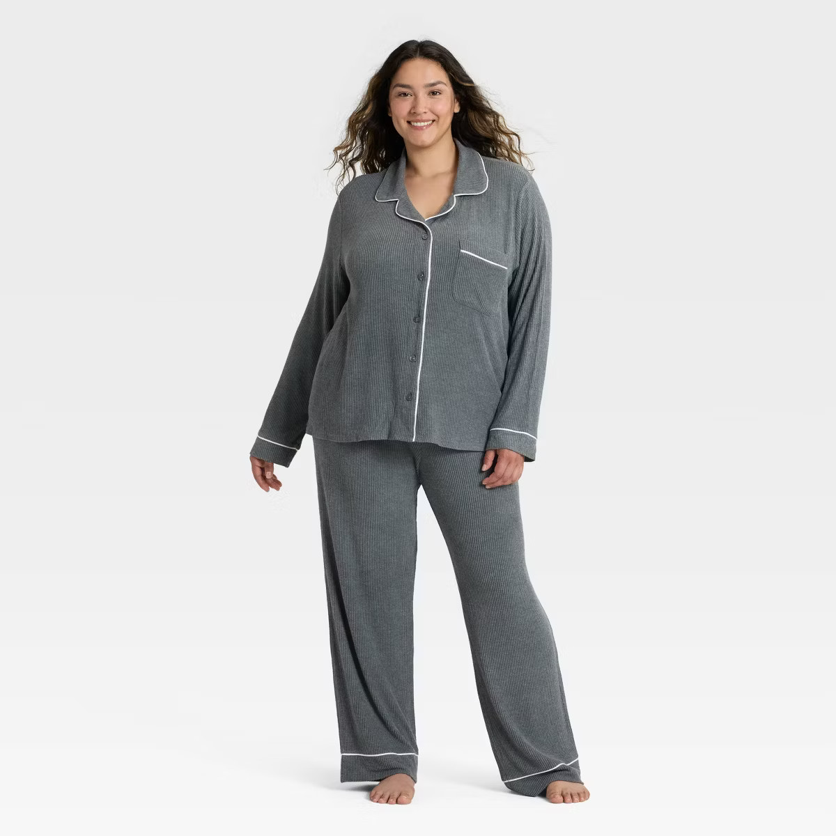 Women's Cozy Ribbed Notch Collar Long Sleeve Shirt and Pants Pajama Set - Auden™ Oatmeal 3X | Target