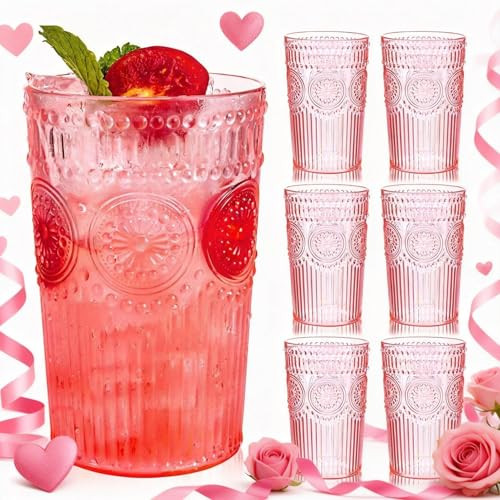 Ciaell 12 Pack Romantic Plastic Water Glasses - 14 Oz Pink Vintage Drinking Glasses, Embossed Rib... | Amazon (US)