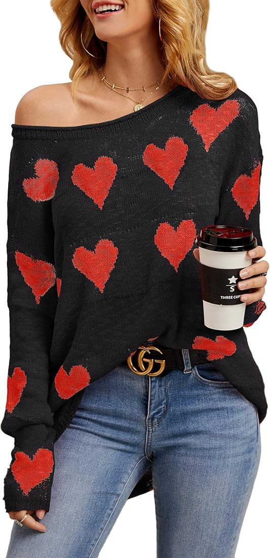 Tutorutor Womens Cute Love Heart Print Sweaters Oversized Off The Shoulder Loose Knitted Valentin... | Amazon (US)