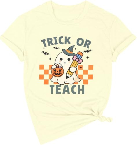 Trick or Teach Shirt Women - Funny Halloween Teacher Shirt for Women Ghost T-Shirt Casual Short Sleeve Tops White | Amazon (US)