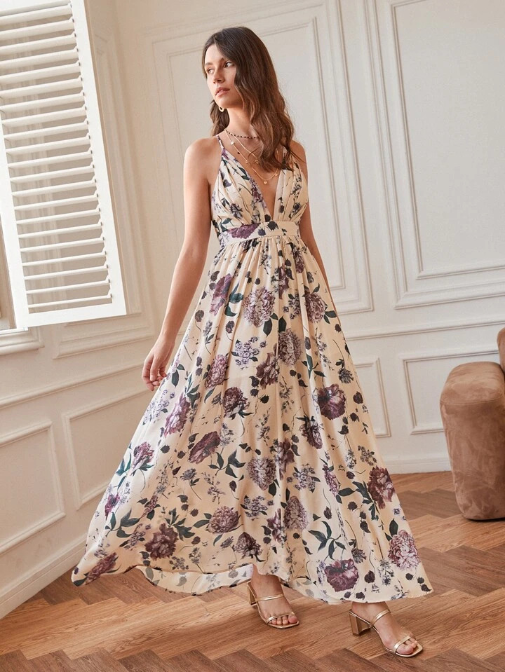 SHEIN VCAY Plunging Neck Crisscross Backless Floral Maxi Dress | SHEIN