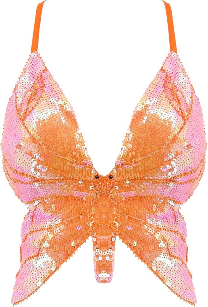 Womens Glitter Sequin Butterfly Crop Top Low-Cut Tank Top Rave Tube Vest Top for Belly Dance Cost... | Amazon (US)