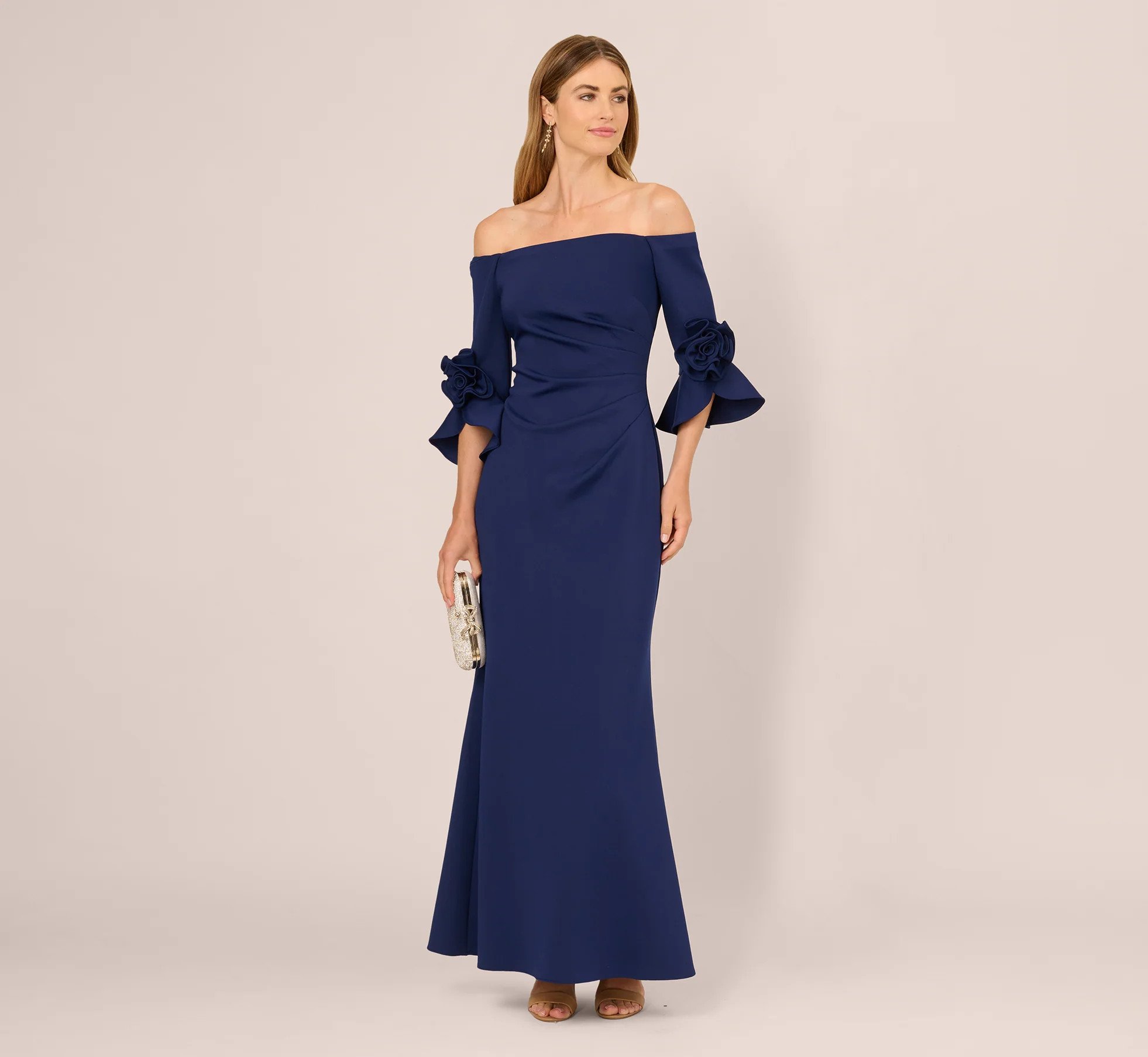Off Shoulder Bell Sleeve Rosette Gown In Navy Sateen | Adrianna Papell