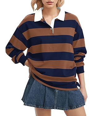 Women Long Sleeve Striped Polo Shirt Oversized Collar Y2k Pullover T Shirt Casual Loose Streetwea... | Amazon (US)