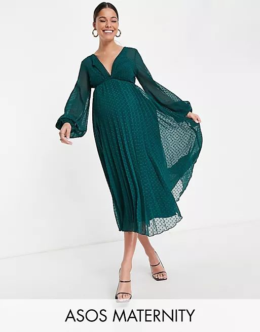 ASOS DESIGN Maternity textured twist front pleated midi dress in forest green | ASOS (Global)