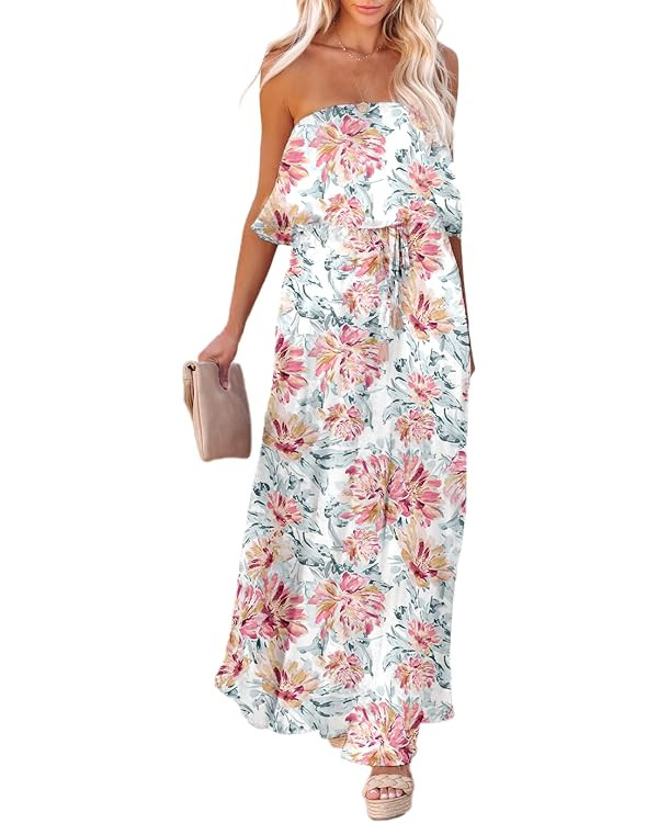 Dokotoo Womens Strapless Dresses Casual Summer High Waist Side Split Flowy Boho Maxi Dress | Amazon (US)