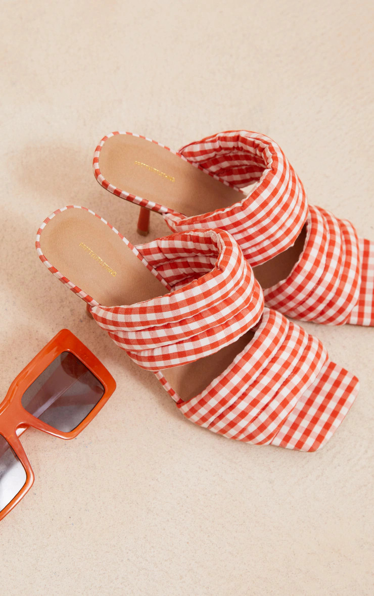 Orange Gingham Padded Straps High Heeled Mules | PrettyLittleThing US