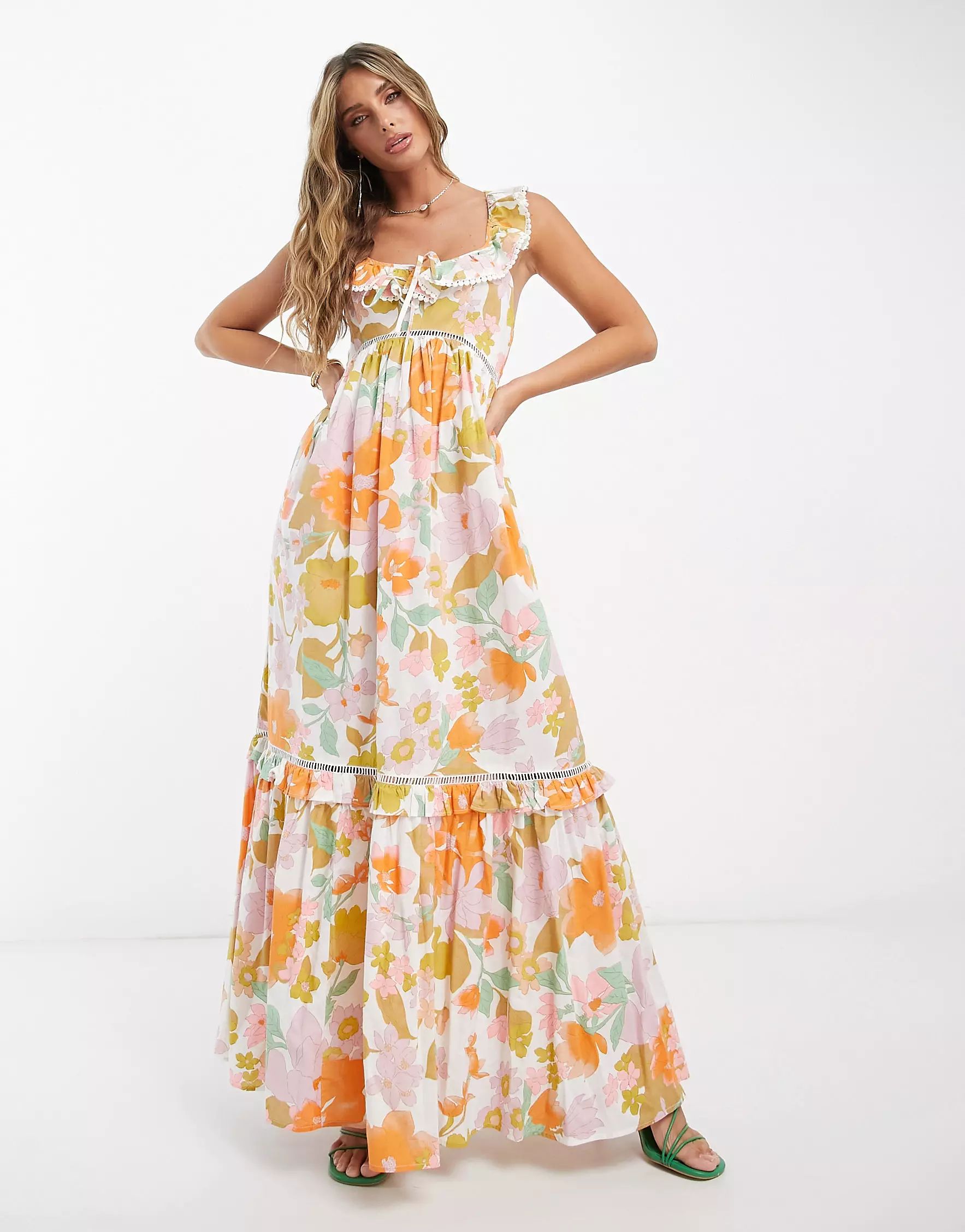 ASOS DESIGN ruffle maxi sundress with lace inserts in retro floral | ASOS (Global)
